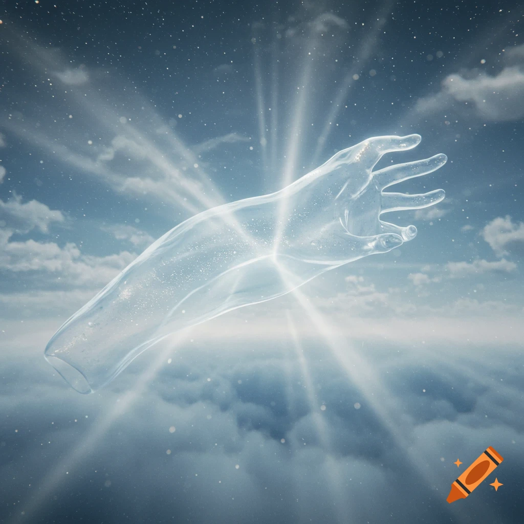 A glowing, translucent ethereal hand reaches out from radiant light in a cloudy blue sky.