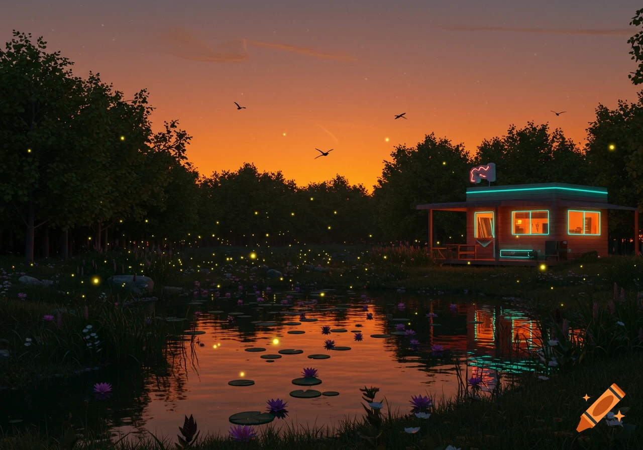 A cozy wooden cabin with neon lights by a reflective pond with lily pads and glowing fireflies at sunset.