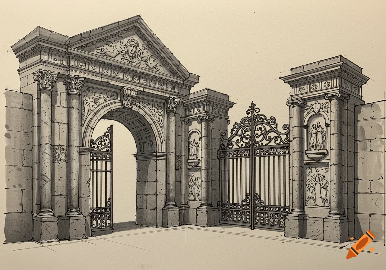 A detailed architectural sketch of a grand Roman-style stone entry monument with ornate iron gates and decorative carvings.