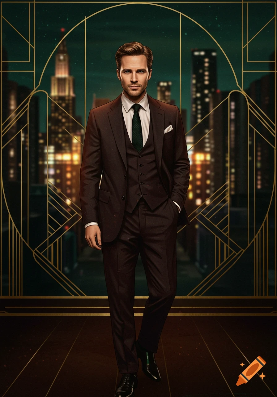 A man in a dark brown suit and green tie stands against a stylized Art Deco background with a blurred city skyline.