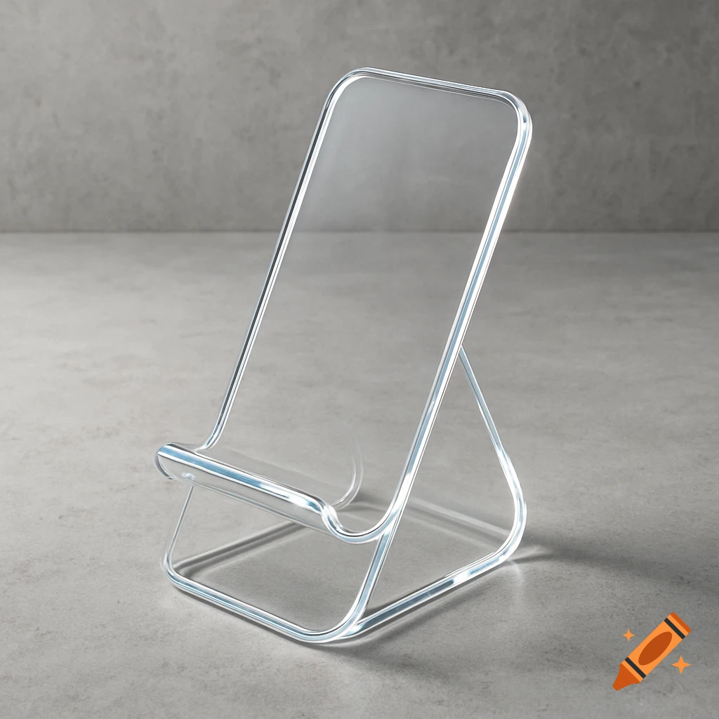 A clear, transparent acrylic mobile phone stand sits on a light grey concrete surface.