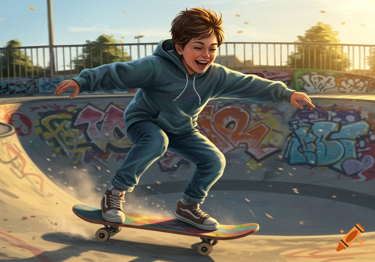 A happy boy on a skateboard in a vibrant, graffiti-covered skatepark, digital illustration.