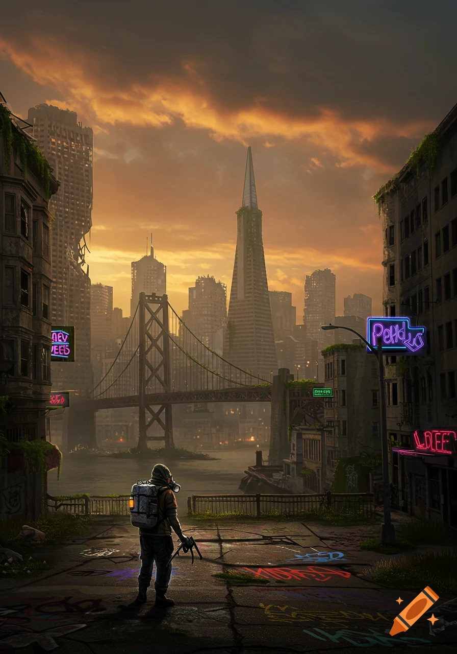 Figure in gas mask views a ruined, overgrown San Francisco city at sunset, dystopian digital painting.