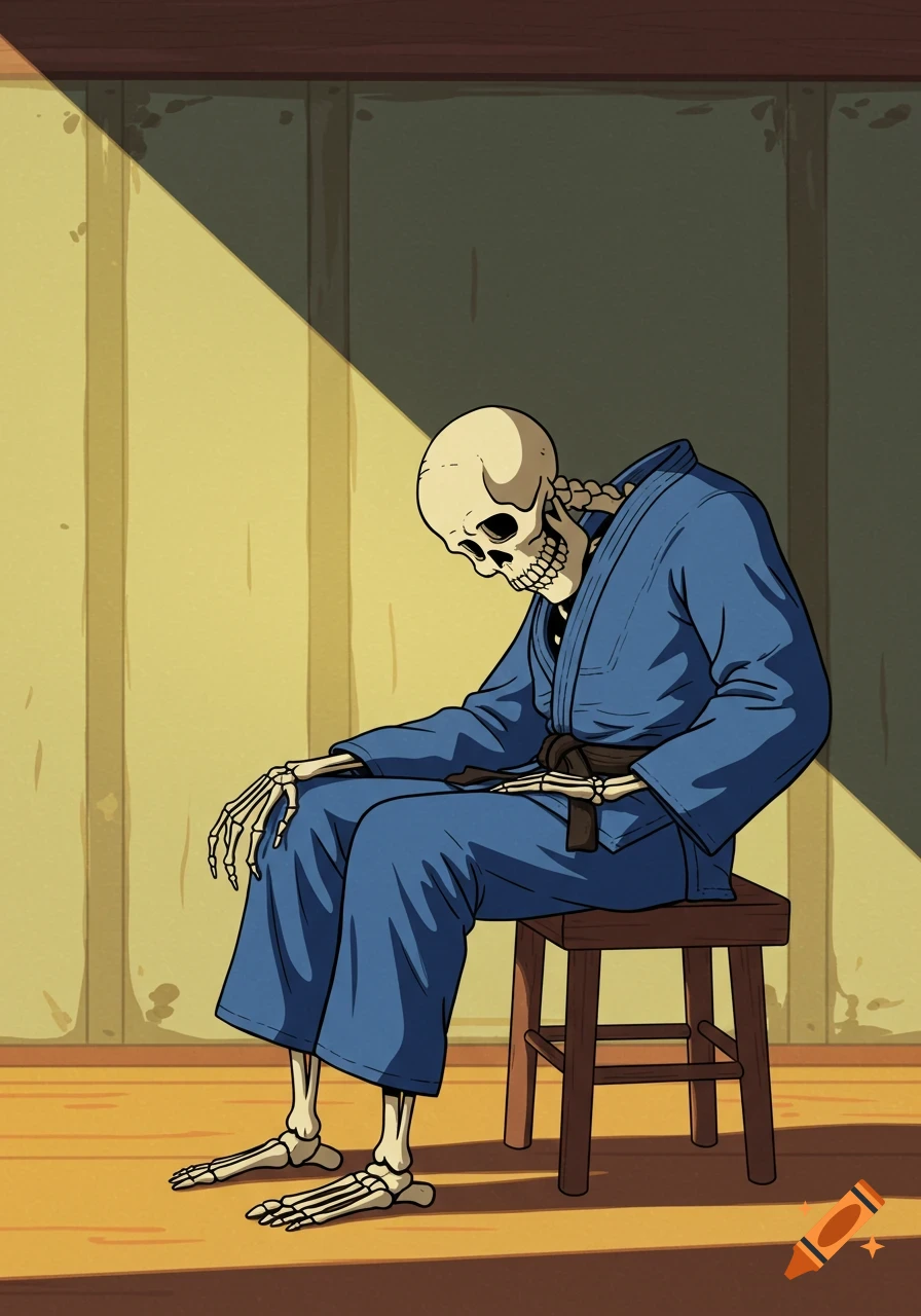 Retro cartoon of a sad skeleton in a blue judo gi sitting on a stool, leaning back.