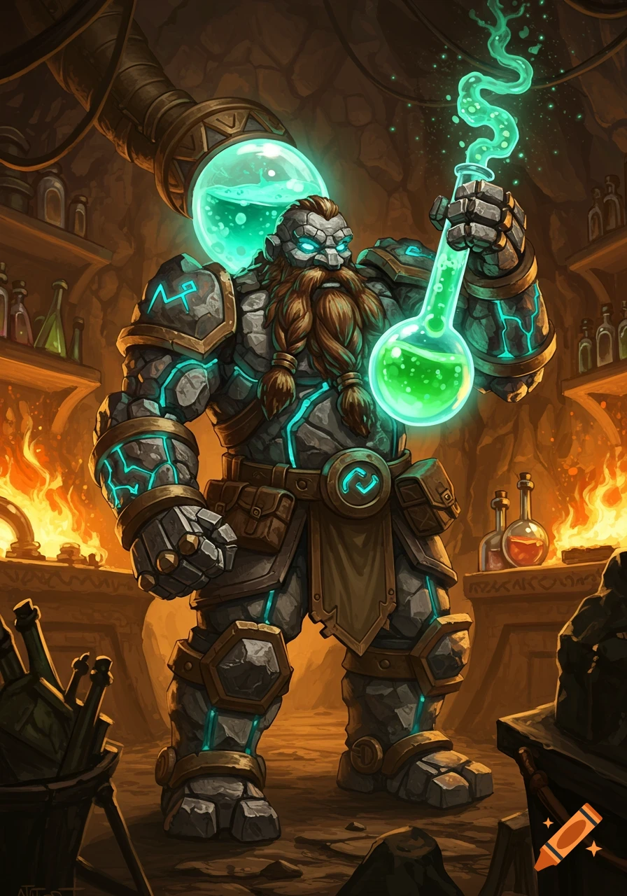 A muscular stone warforged dwarf alchemist with a braided beard holds a glowing green flask in a fiery laboratory, digital art.