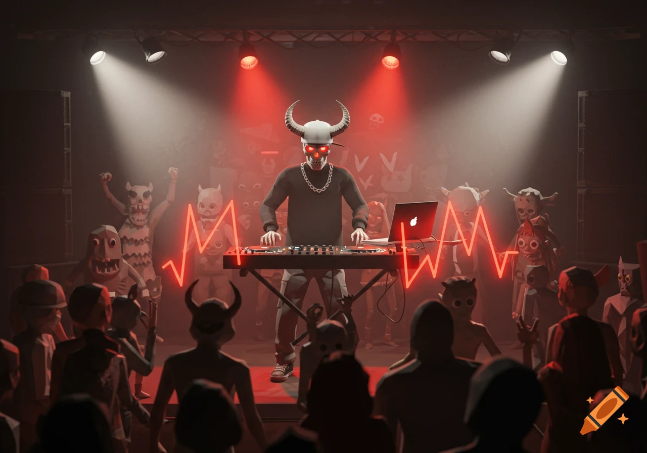 A low-poly skeleton DJ with horns and red eyes performs for an audience of diverse monsters and ghouls, illuminated by red and white stage lights.