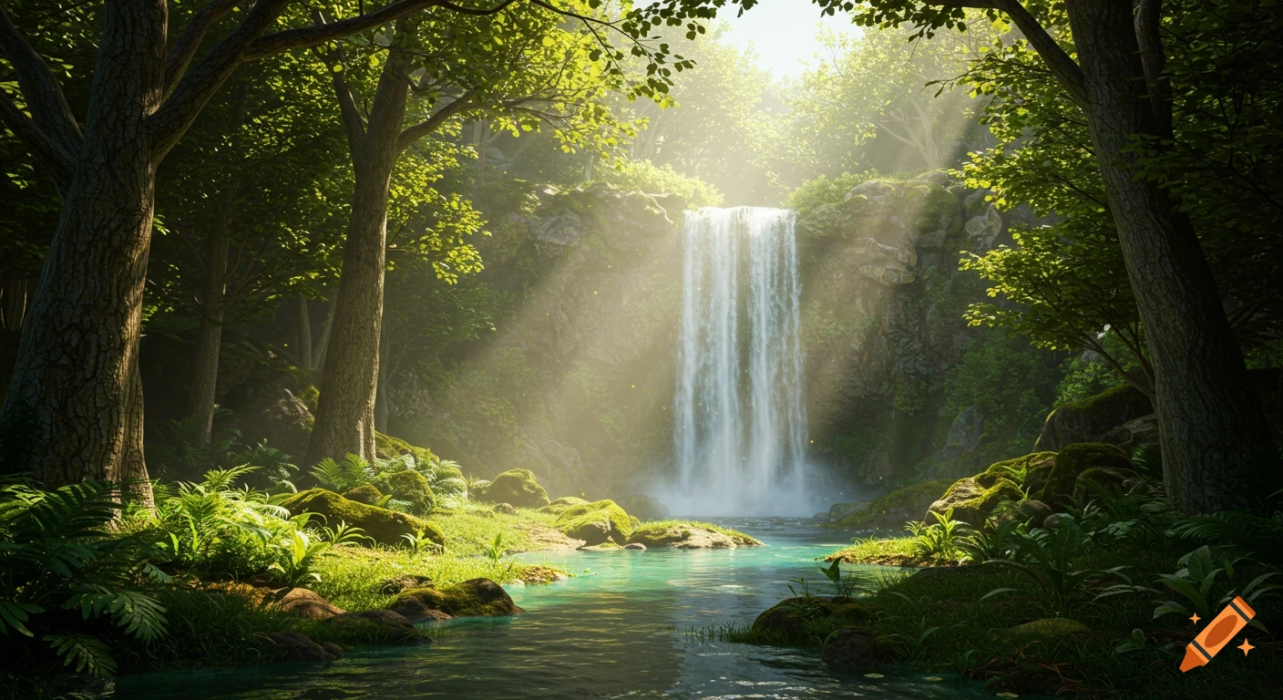 Majestic waterfall in a sun-dappled, lush green forest with clear stream and misty atmosphere.