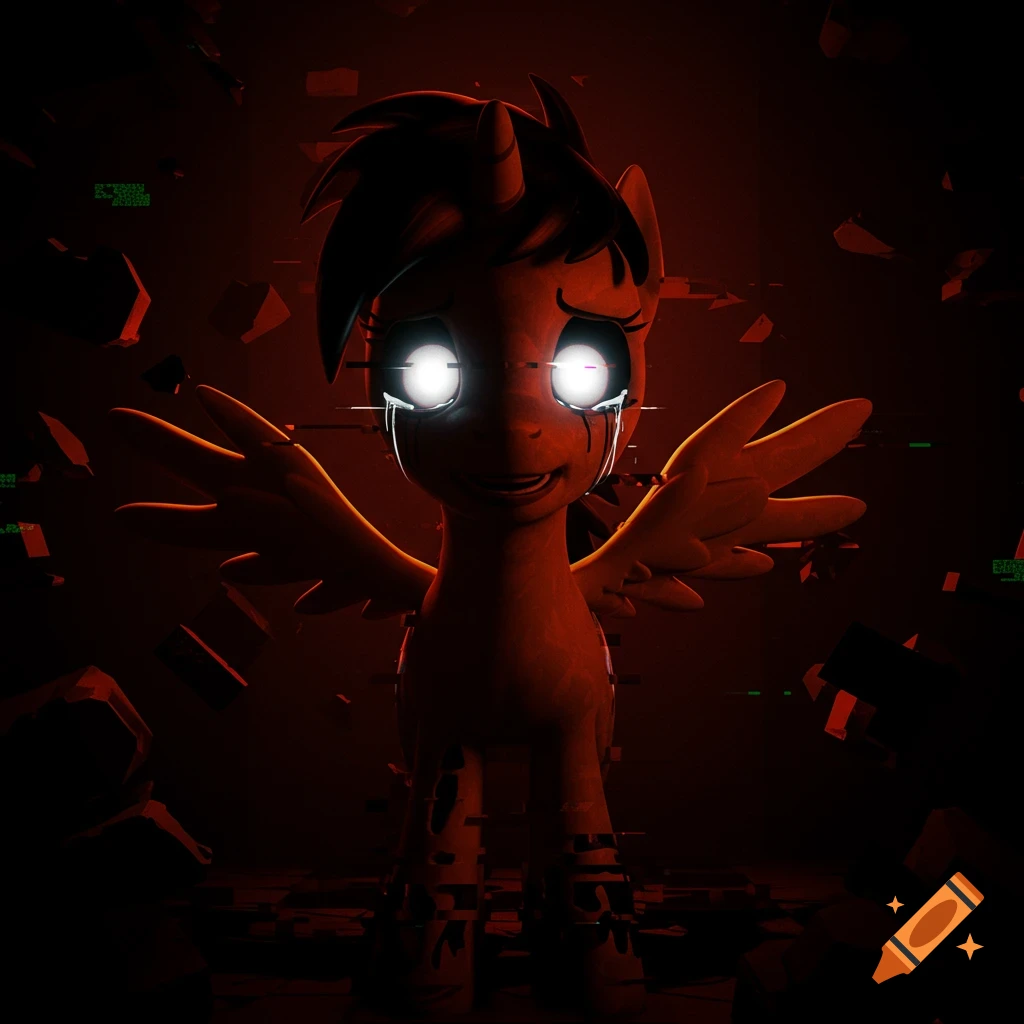 A corrupted pegasus pony with glowing white eyes and black tears, surrounded by dark red lighting and glitch effects.