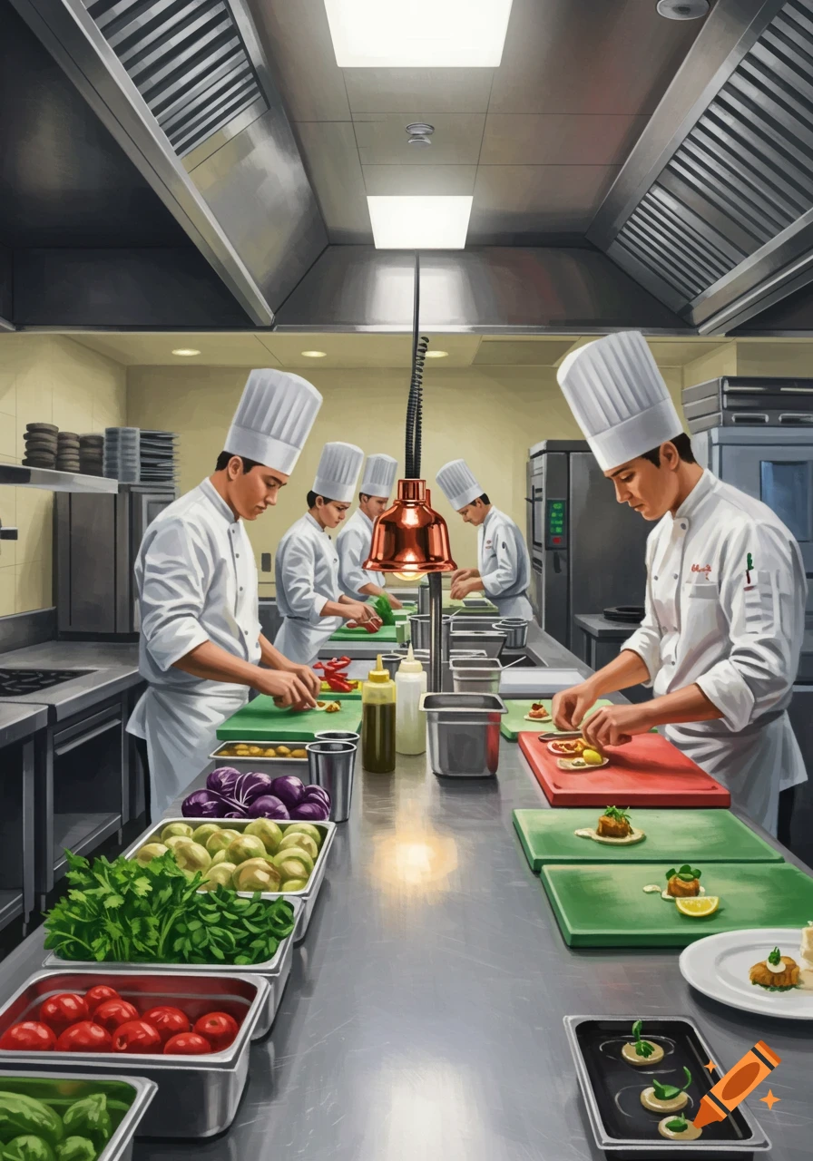Illustrated scene of chefs preparing food at a professional kitchen line setup.
