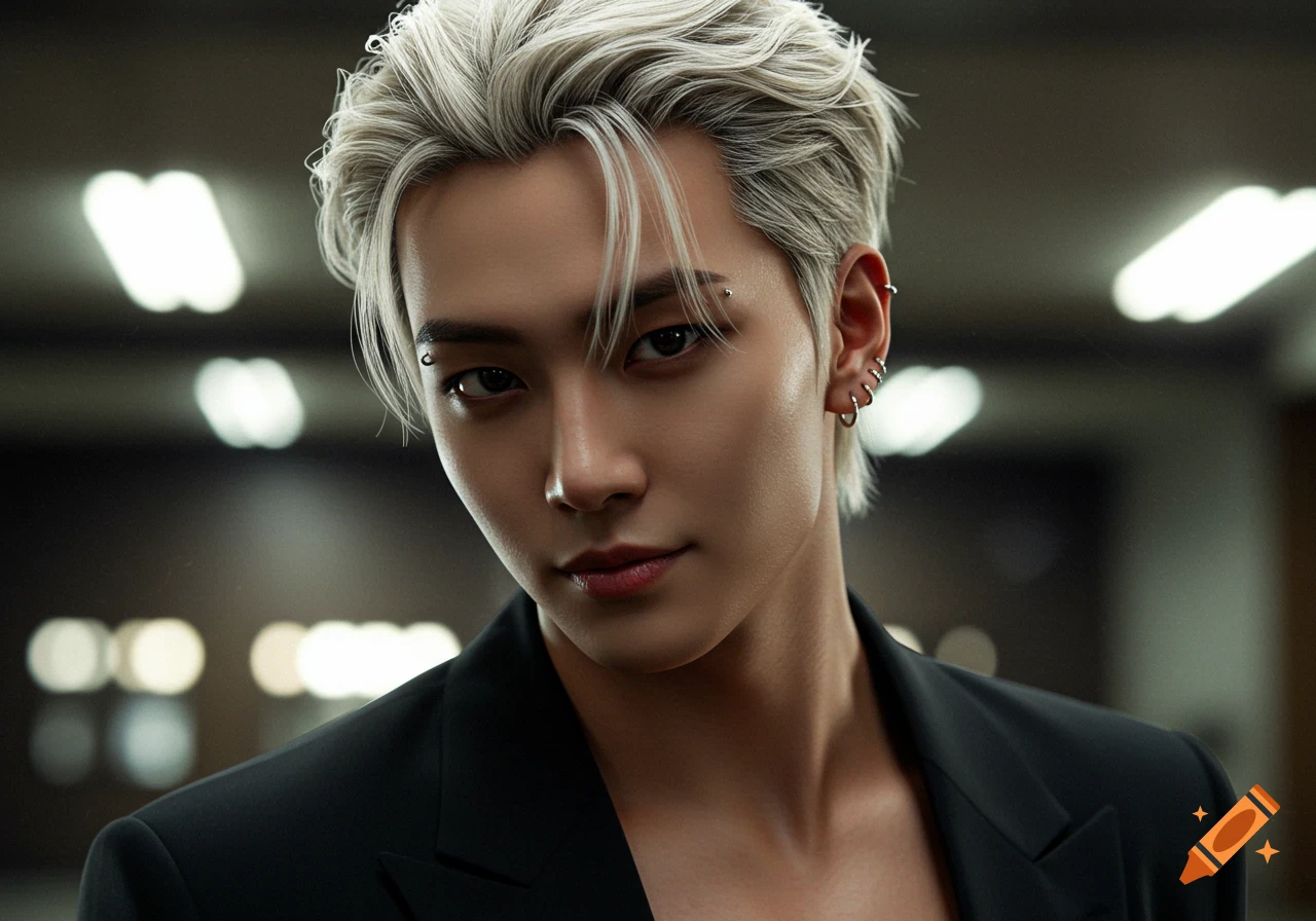 Hyperrealistic photo of a handsome Asian man with platinum blonde K-Pop hair, dark eyes, piercings, smirking in a black suit jacket.