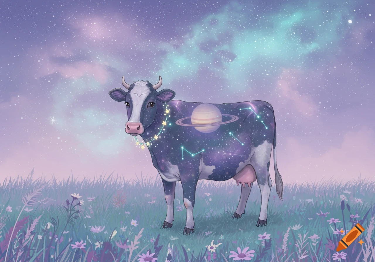 A cosmic cow with Saturn on its side and star garland, standing in a purple grassy field under a starry, pastel sky.