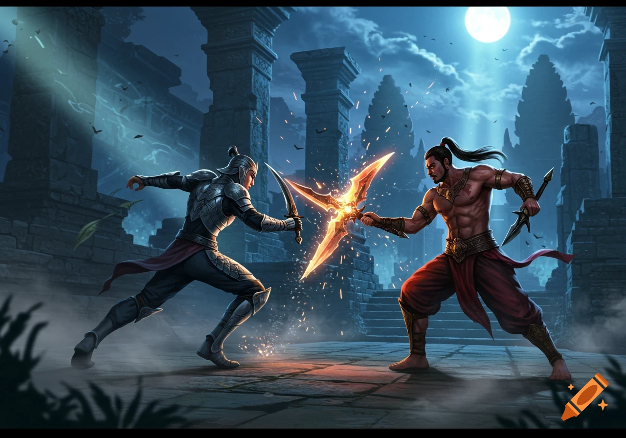 An armored warrior and a shirtless warrior clash glowing weapons amidst ancient ruins under a full moon at night in a digital art style.