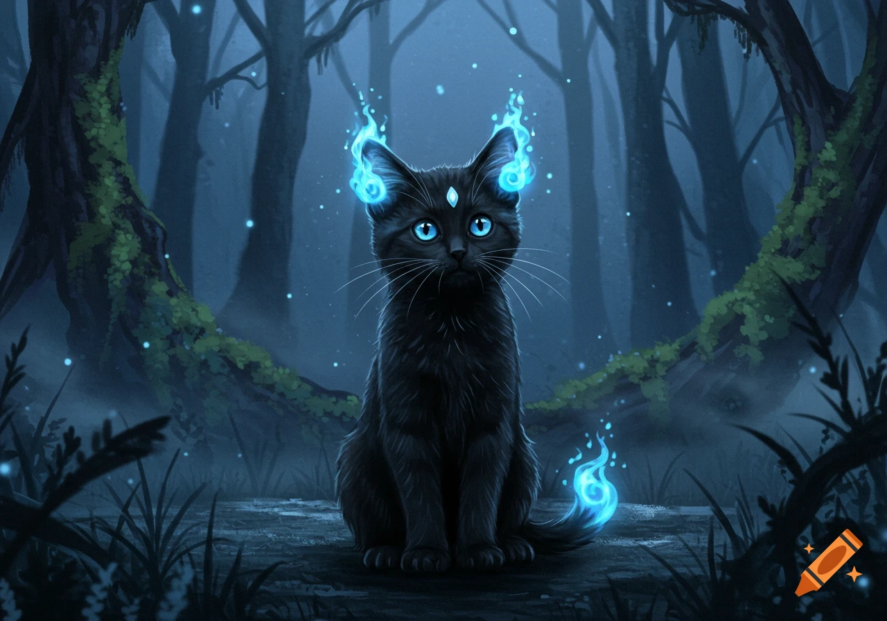 A black kitten with glowing blue eyes and blue flames on its ears and tail sits in a dark, mystical forest.