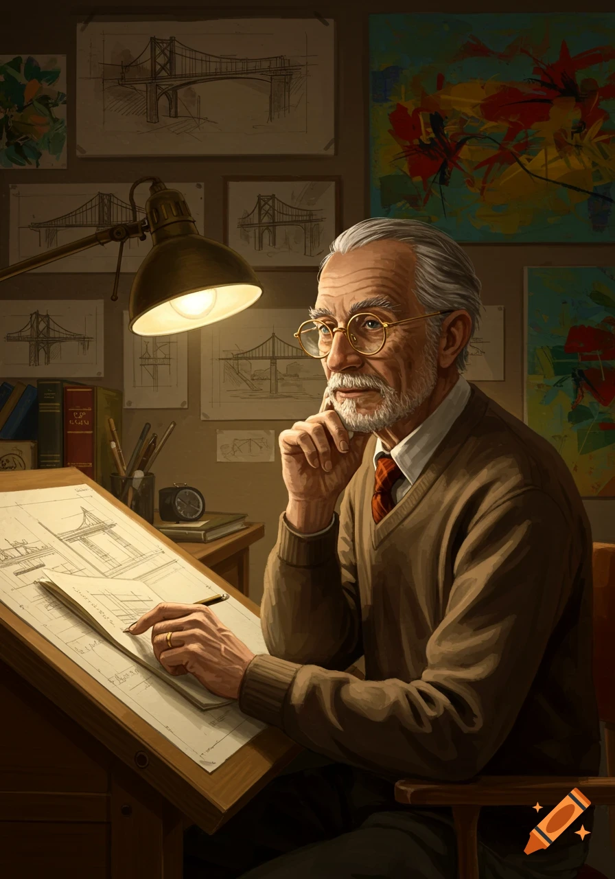 An old structural engineer with a beard and glasses sits at a drafting table, surrounded by bridge blueprints and abstract paintings.