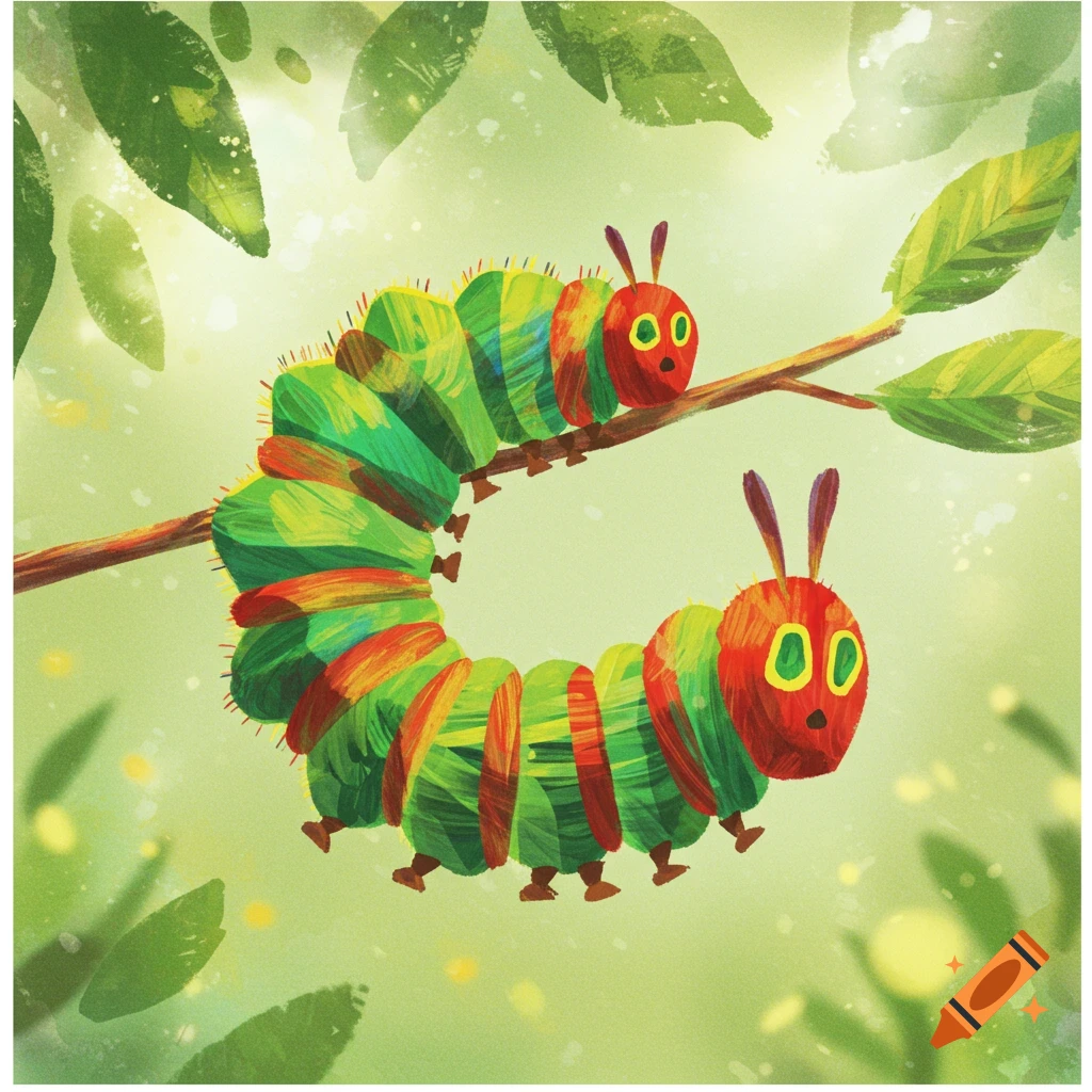 Two colorful caterpillars in the style of Eric Carle's The Very Hungry Caterpillar cling to a branch among green leaves.