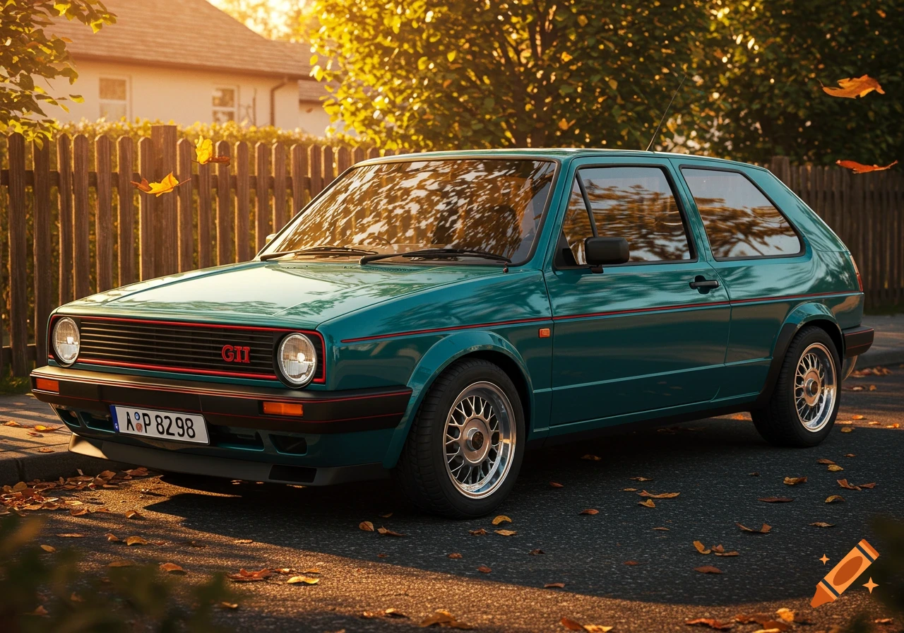 A teal Volkswagen Golf GTI Mk2 parked on an asphalt road with fallen autumn leaves, illuminated by golden sunlight.