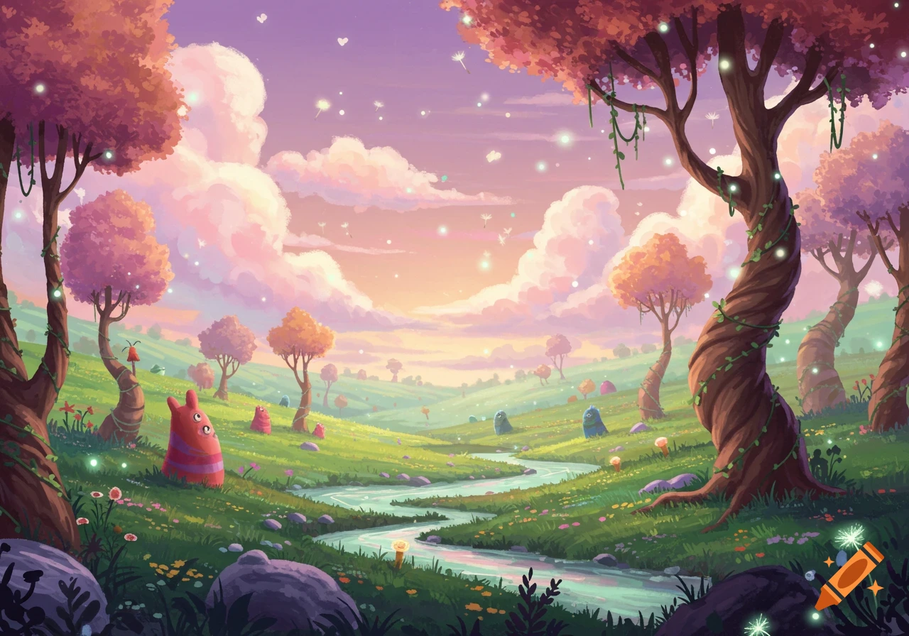 A whimsical fantasy landscape with a winding river, colorful trees, and cute creatures under a vibrant sky.