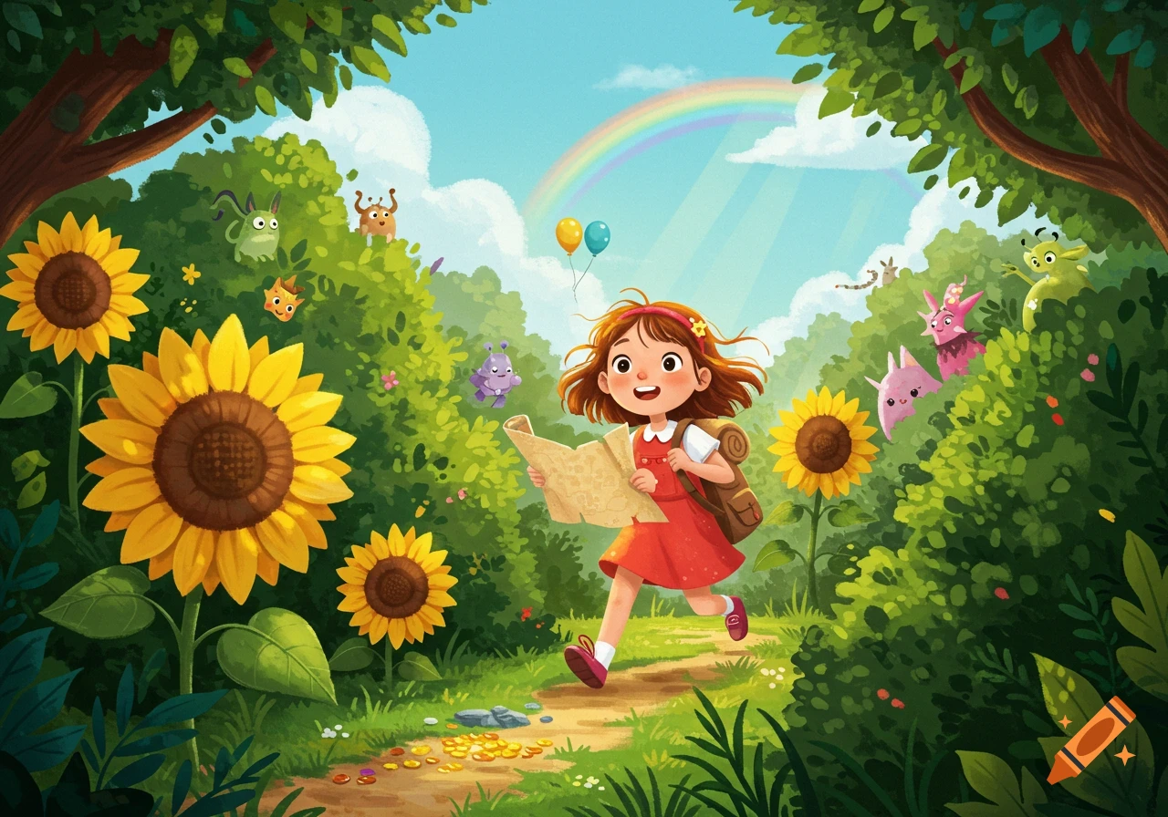 Cheerful cartoon girl with a map and backpack runs through a vibrant fantasy forest with sunflowers, a rainbow, and cute creatures.