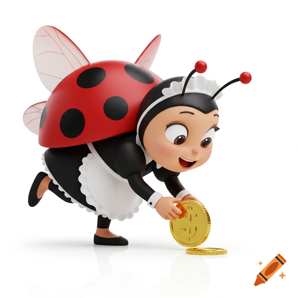 A 3D cartoon of a cute ladybug character dressed as a maid picking up a gold coin on a white background.