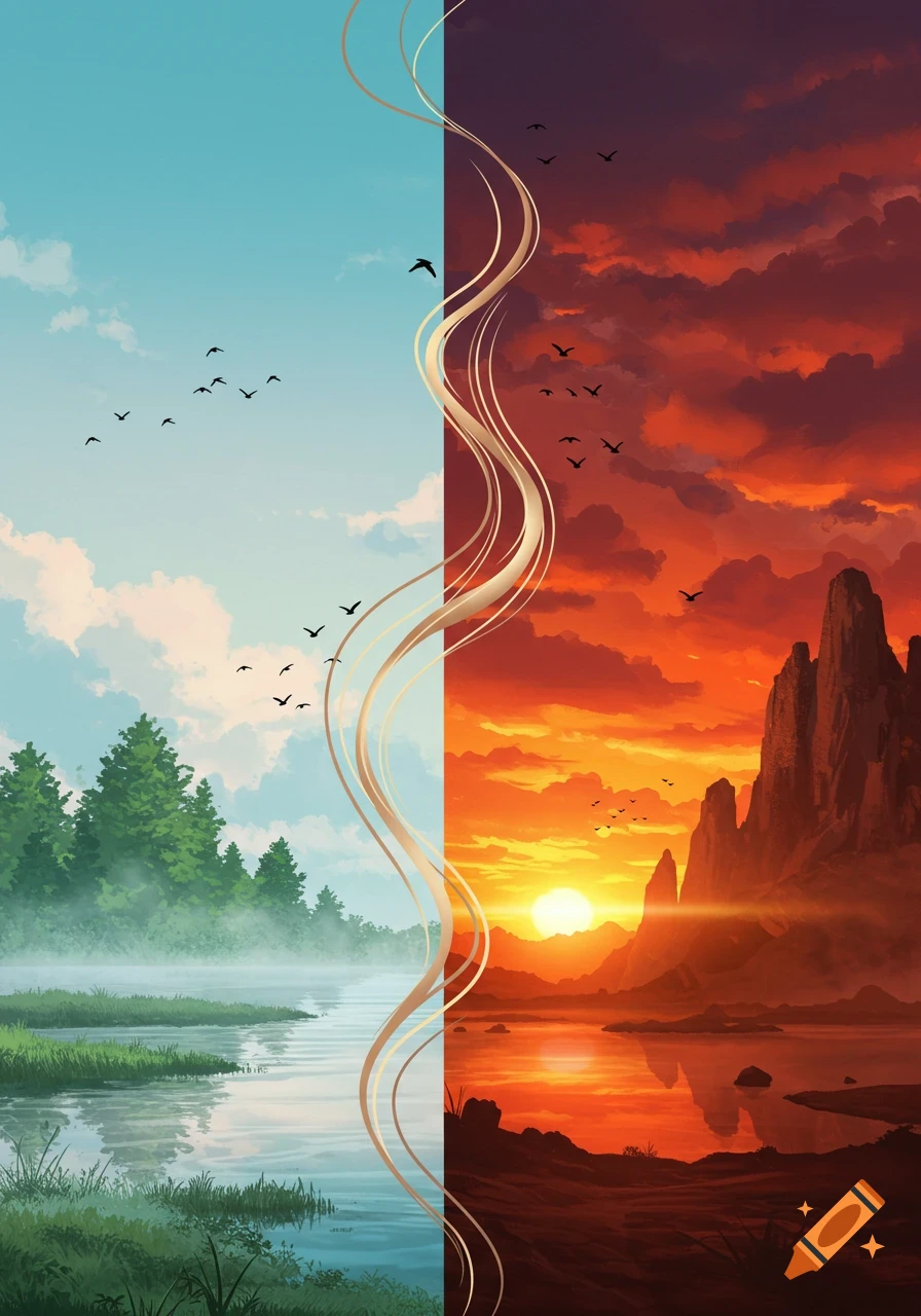 A vibrant digital painting of a landscape split down the middle: lush green on the left, a fiery sunset and mountains on the right, with golden ribbons.