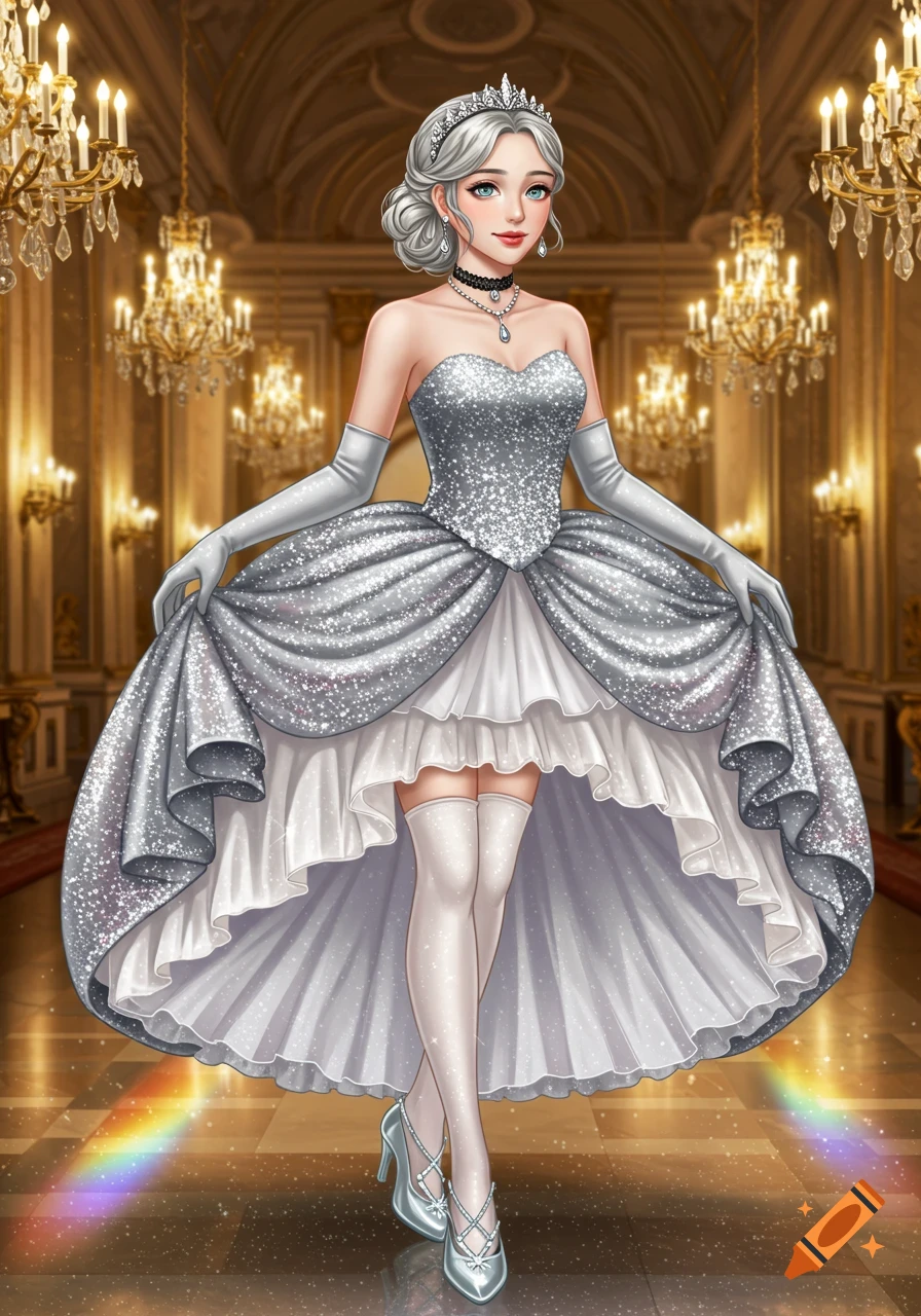Anime-style young woman with silver hair and blue eyes, wearing a sparkling silver gown, white stockings, and a tiara in a grand hall.