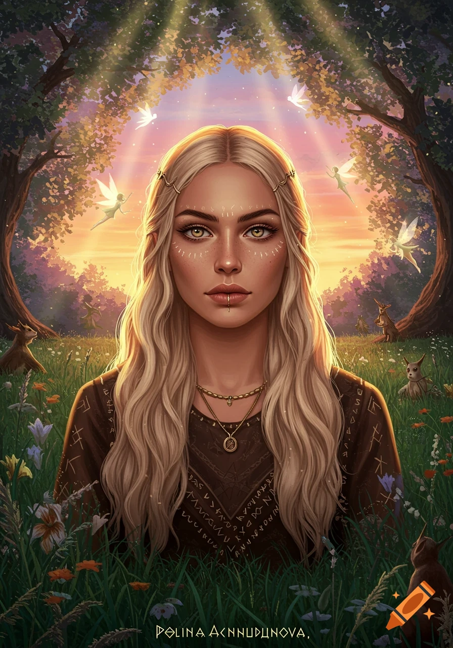 A blonde woman with facial markings and a lip ring sits in a lush fantasy forest at sunset, surrounded by fairies and small creatures.