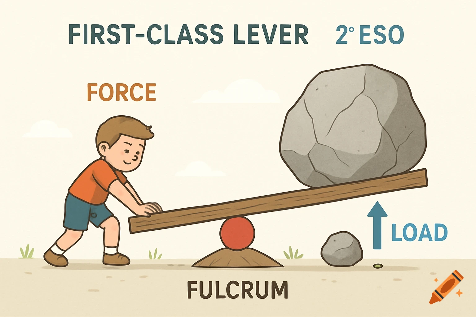 Illustration of a first-class lever with a boy pushing a beam to lift a rock, labeled with force, fulcrum, and load.