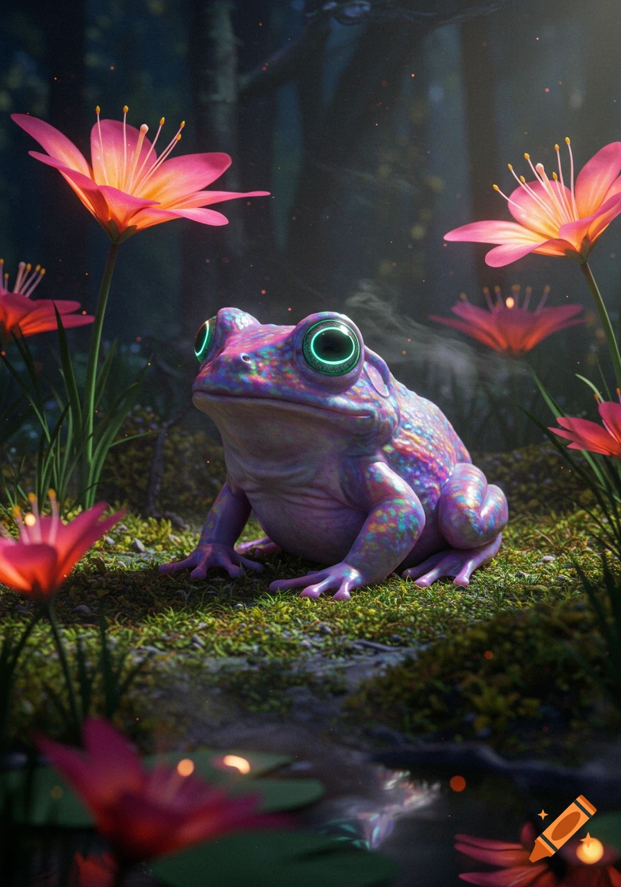 A psychedelic, multi-colored frog with glowing green eyes on mossy ground, surrounded by glowing pink lilies in an ethereal forest.