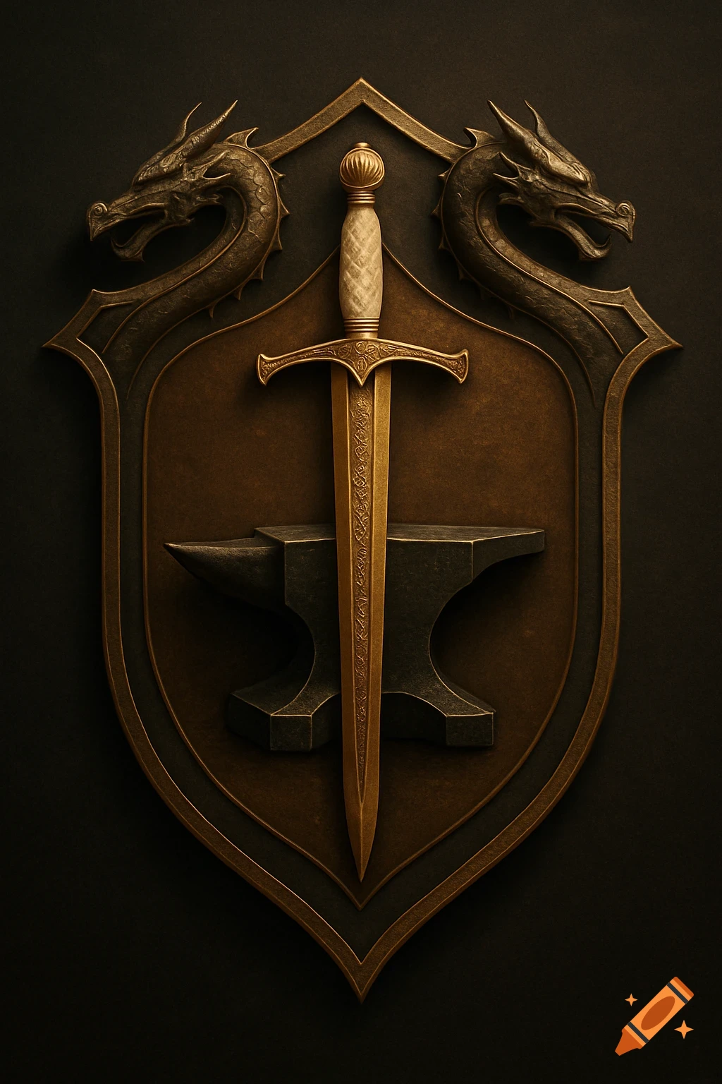 A decorative bronze shield with two dragon heads, a golden sword with an ivory hilt, and a black anvil in the center.