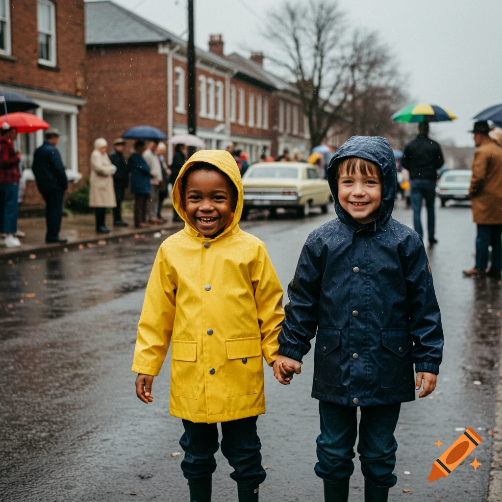 Two smiling children in raincoats, holding hands on a wet street on a gloomy day, with people and vintage cars in the background.