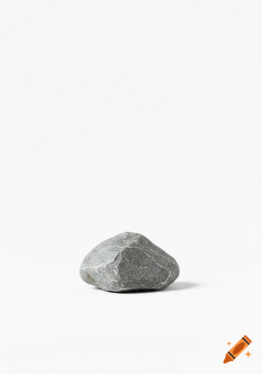 A single grey rock rests on a stark white background in a minimalist, photorealistic style.