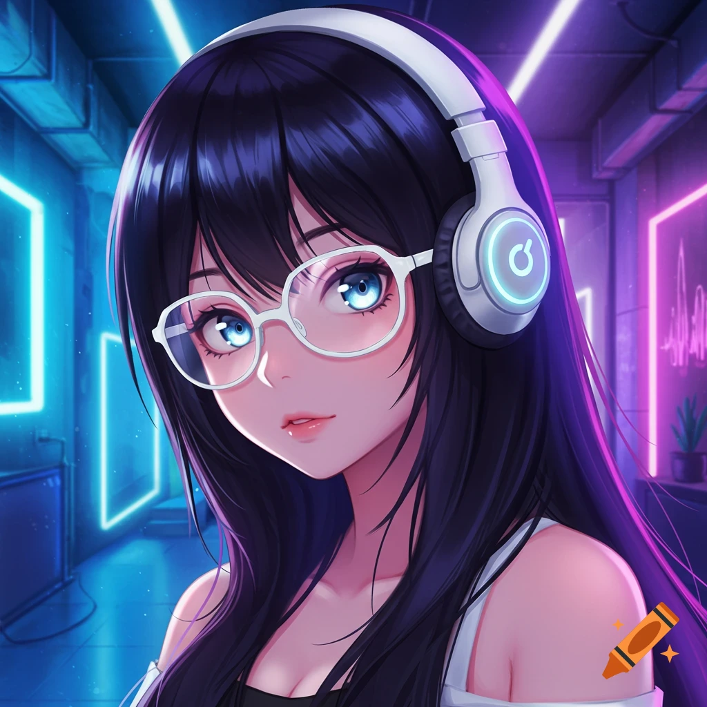 Anime girl with black hair, white glasses, and glowing white headphones in a neon-lit setting, digital art.