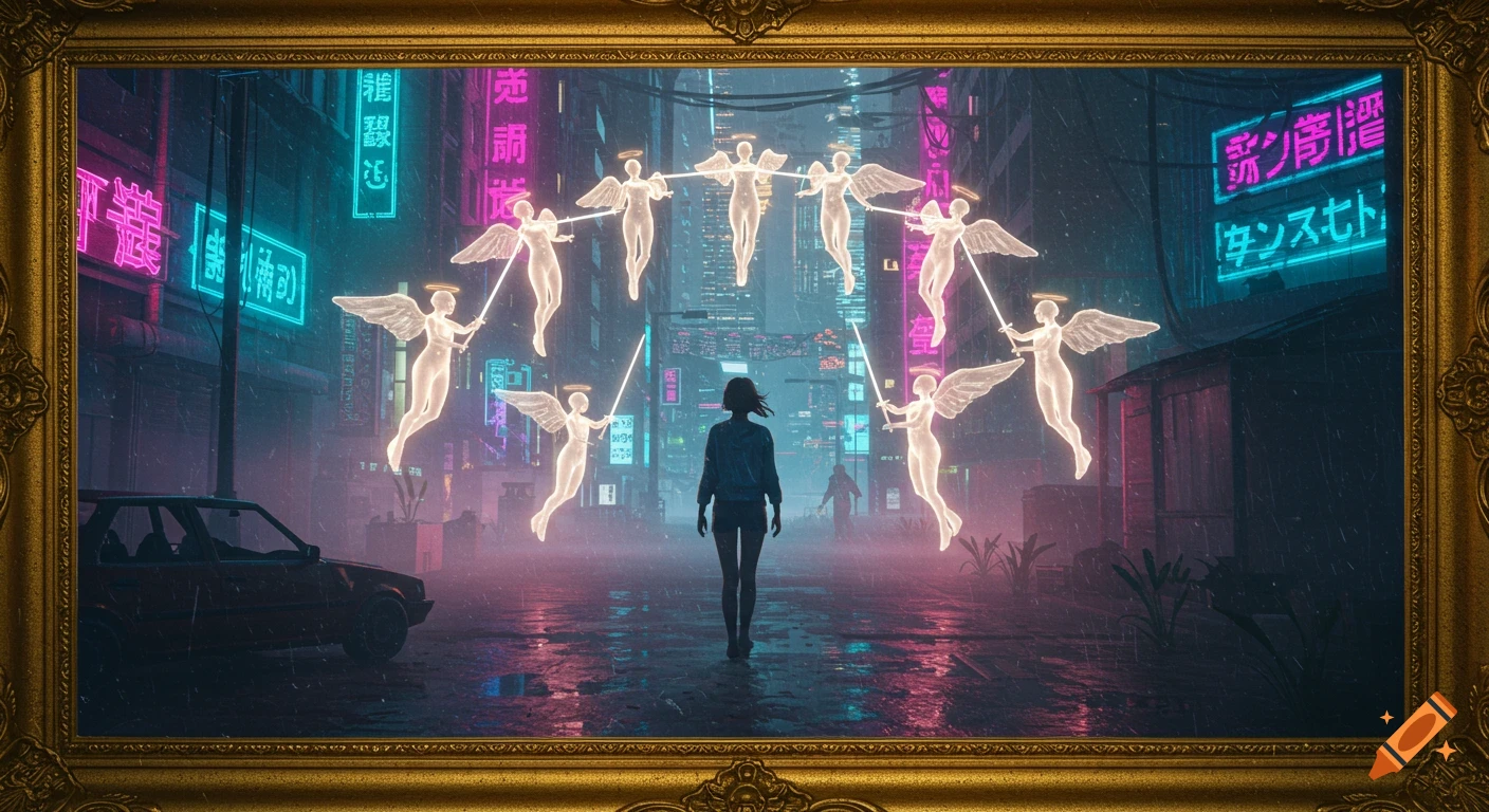 A girl walks down a rainy, neon-lit cyberpunk street, surrounded by glowing guardian angels with swords, all framed in gold.