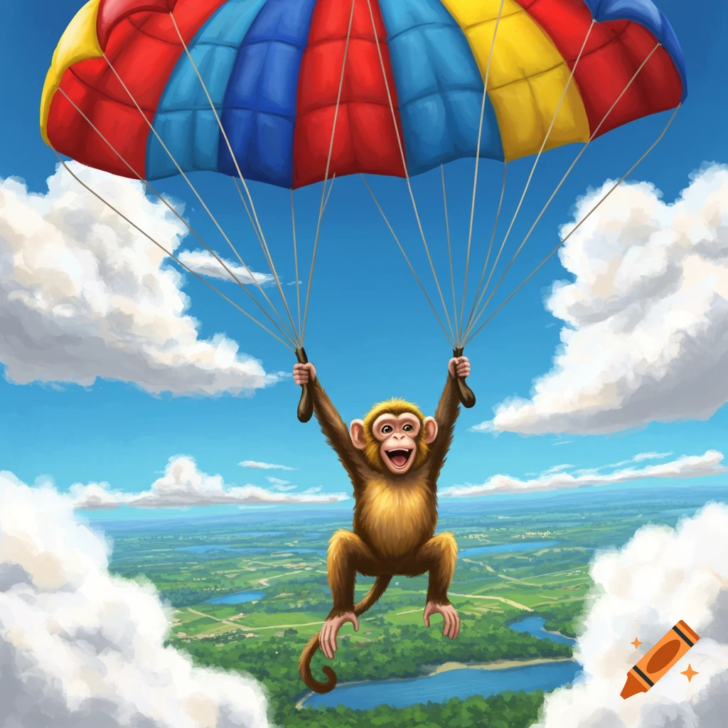 A happy cartoon monkey skydives with a colorful red, blue, and yellow parachute over a green landscape and clouds.