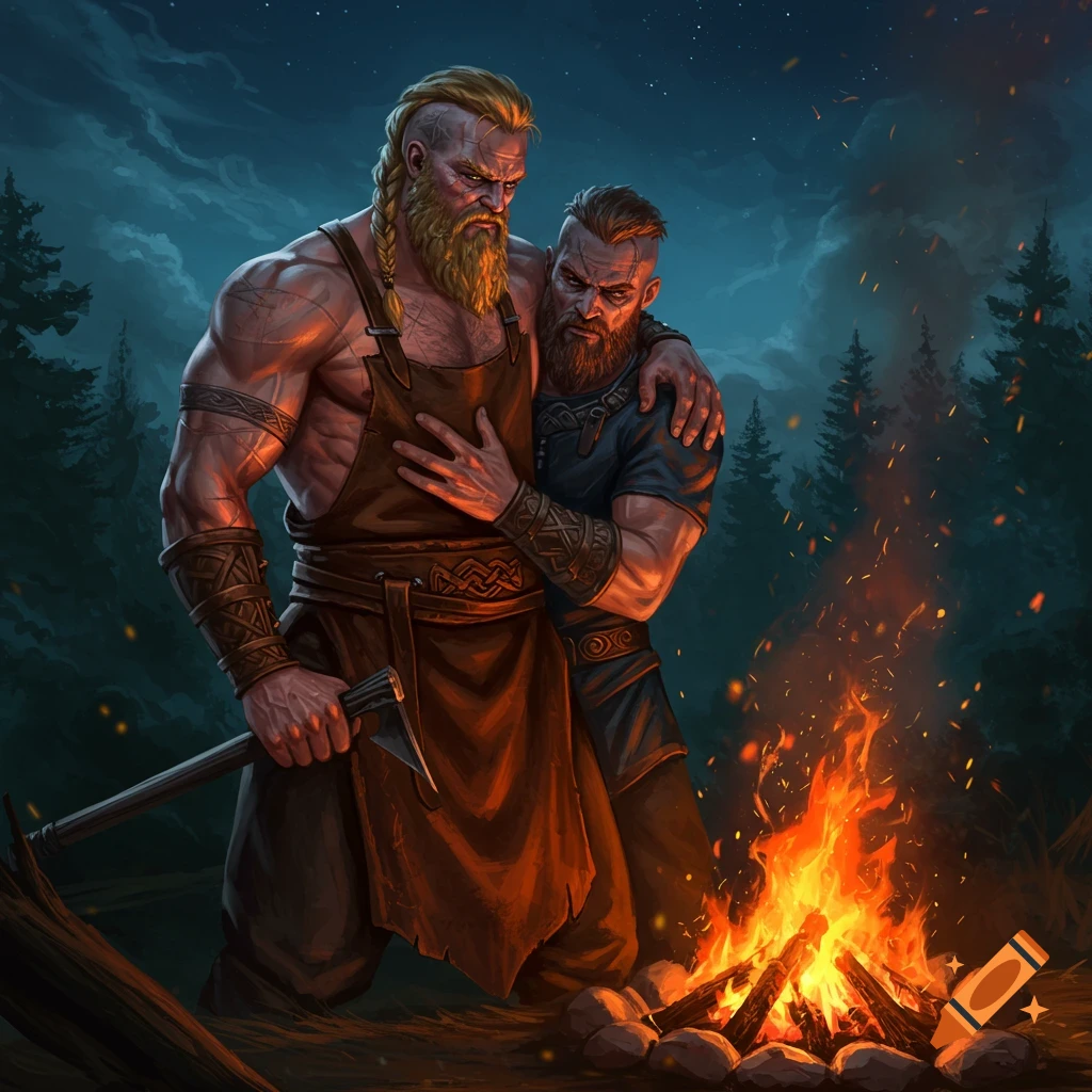 Two muscular Vikings, one embracing the other, stand by a roaring campfire in a dark forest. Digital illustration.