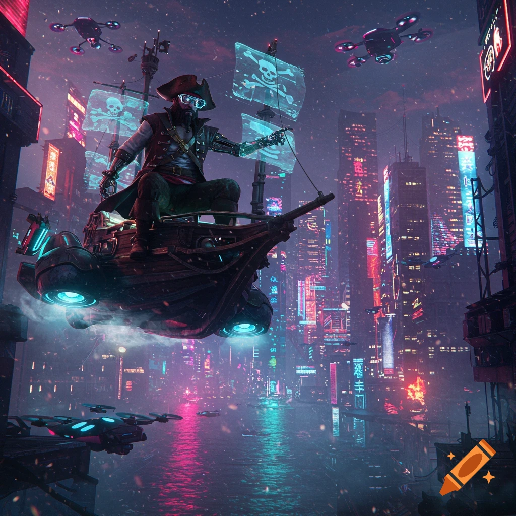 A cyberpunk pirate on a flying hover-ship with glowing sails, soaring over a neon-lit futuristic city with drones.
