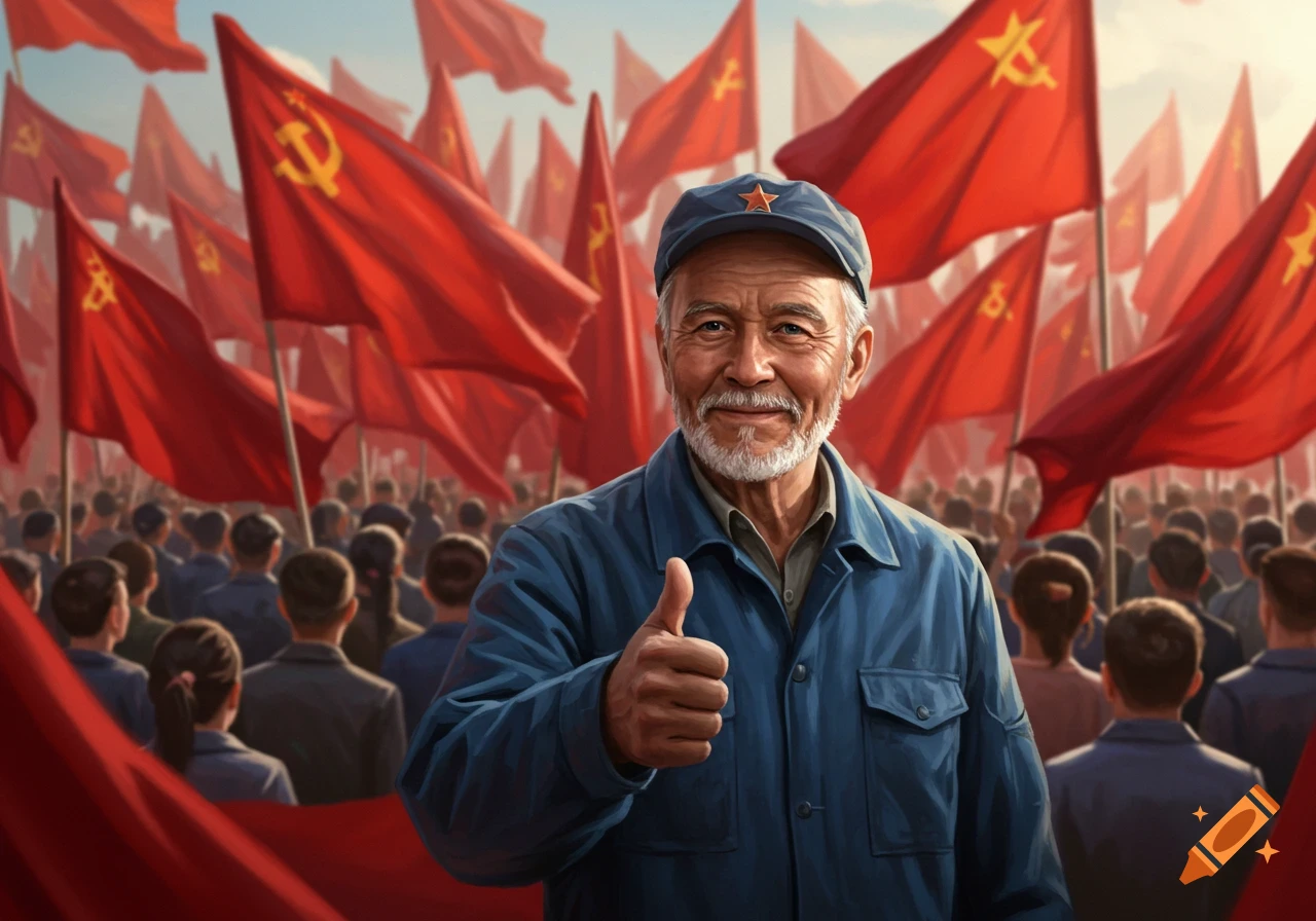 An elderly worker smiles and gives a thumbs-up in a crowd waving red communist flags with the hammer and sickle symbol, looking like a painting.