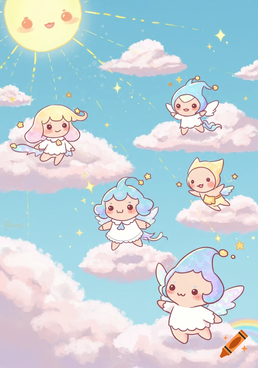 Five cute chibi fairies with wings flying among fluffy clouds in a bright blue sky with a smiling sun, cartoon style.