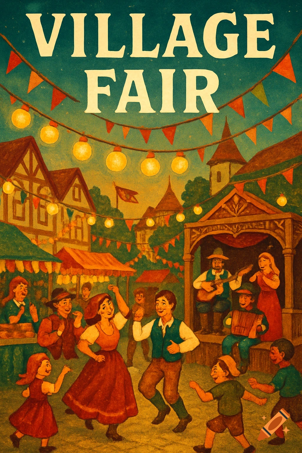 An illustration of a lively village fair at night, with people dancing, musicians playing on a stage, and stalls under glowing string lights. The title "VILLAGE FAIR" is at the top.
