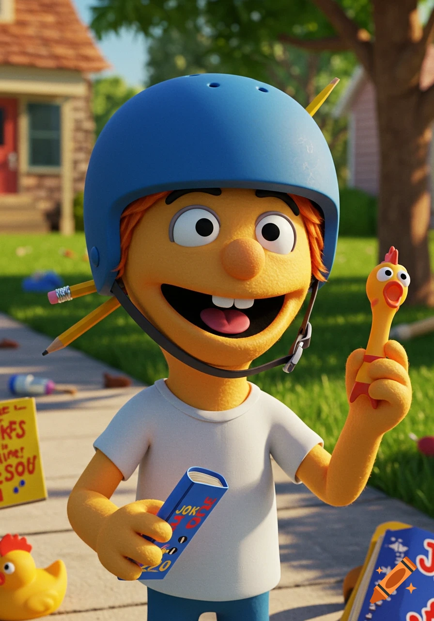 A happy orange puppet character in a blue helmet holds a rubber chicken and book, standing outdoors in a sunny, 3D animated scene.