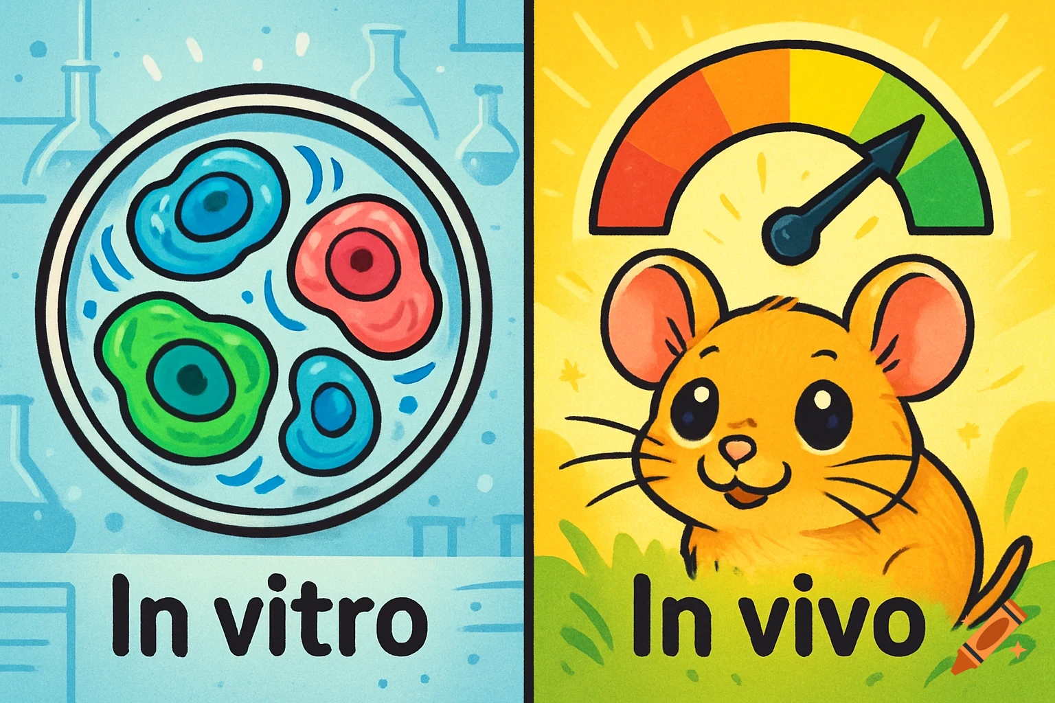 Split-screen cartoon: left side petri dish with colorful cells labeled 'In vitro', right side cute mouse with a gauge labeled 'In vivo'.