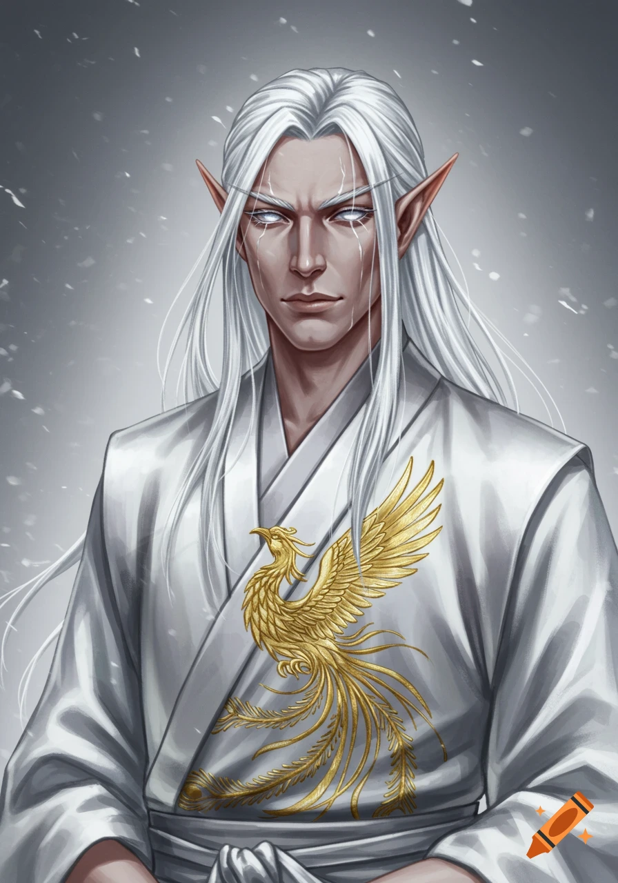 A serious silver-haired male elf with glowing white eyes wears a white kimono adorned with a golden phoenix embroidery.