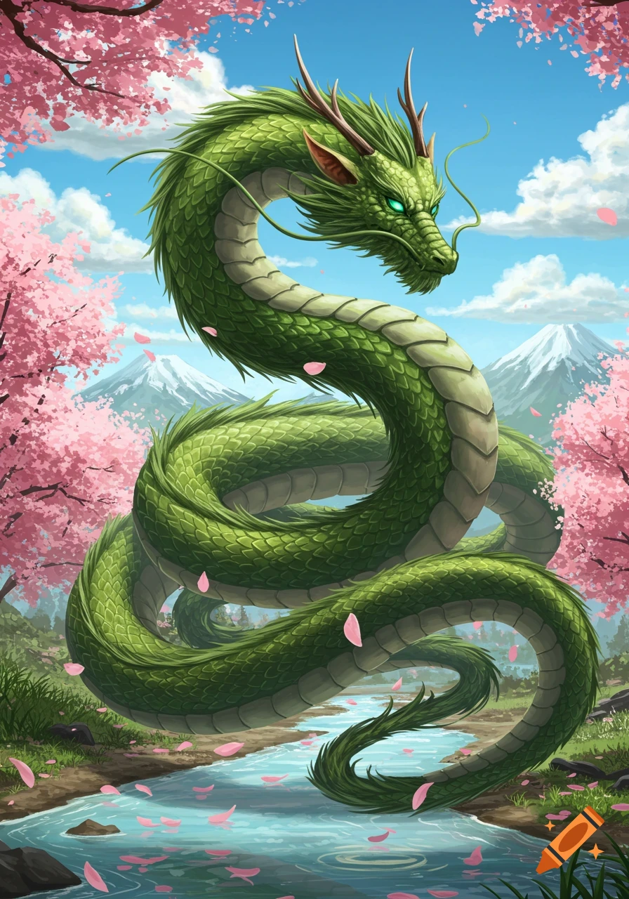 A majestic green dragon coils in a vibrant cherry blossom landscape with a river and snow-capped mountains under a blue sky.