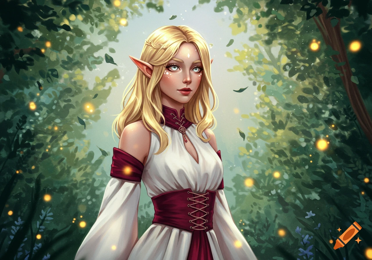 A blonde elf woman with pointed ears and big blue eyes, wearing a white and maroon fantasy dress, stands in a magical forest with glowing orbs.