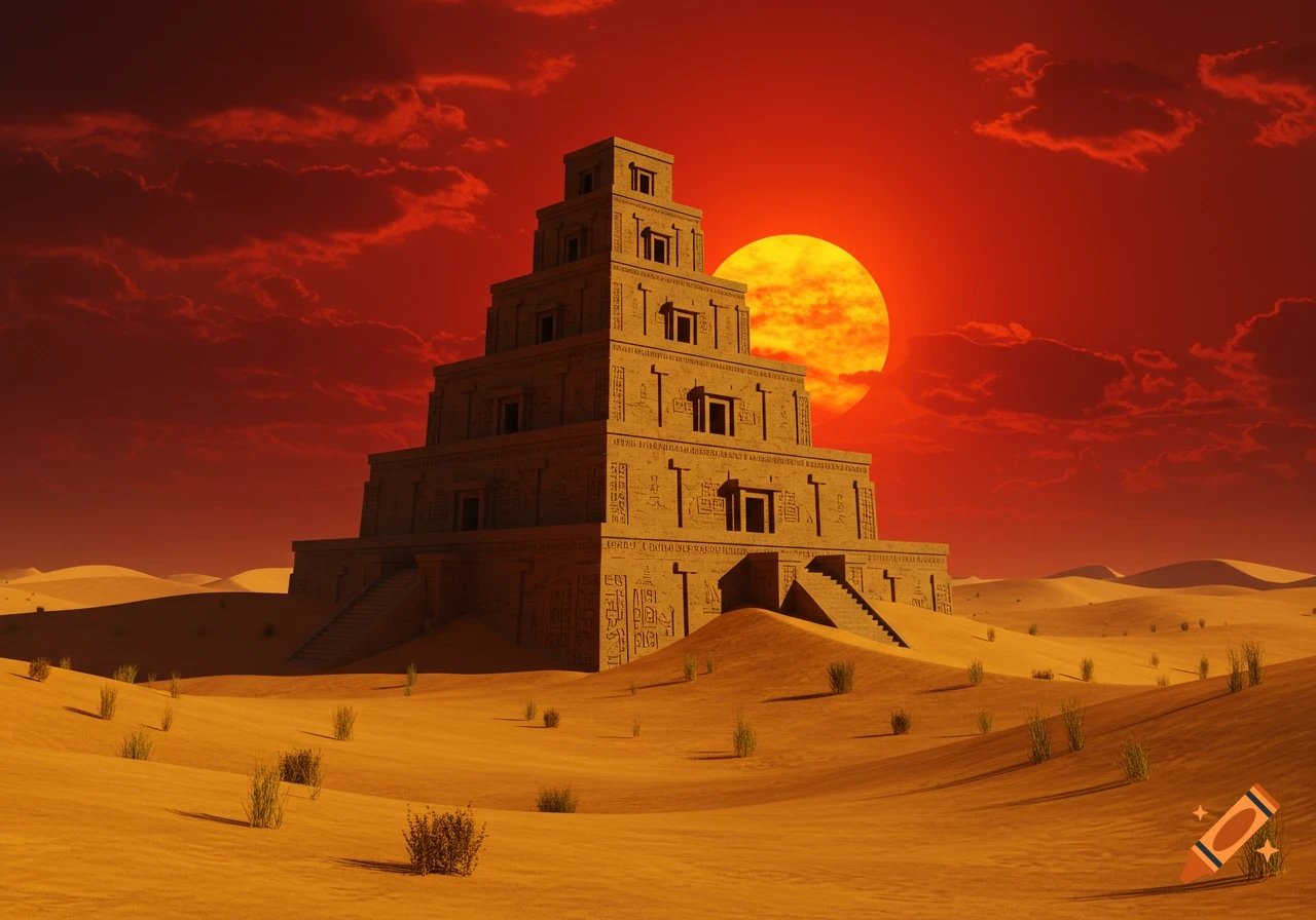 A massive, stepped ziggurat stands in a vast golden desert under a dramatic red sky with a huge, blood-red sun.