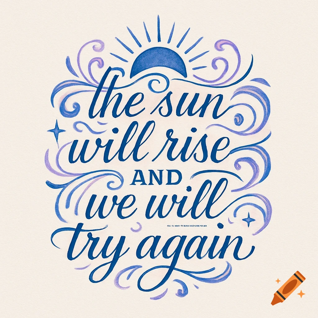 Calligraphic design with the quote 'the sun will rise and we will try again' in blue and purple, on a light background.
