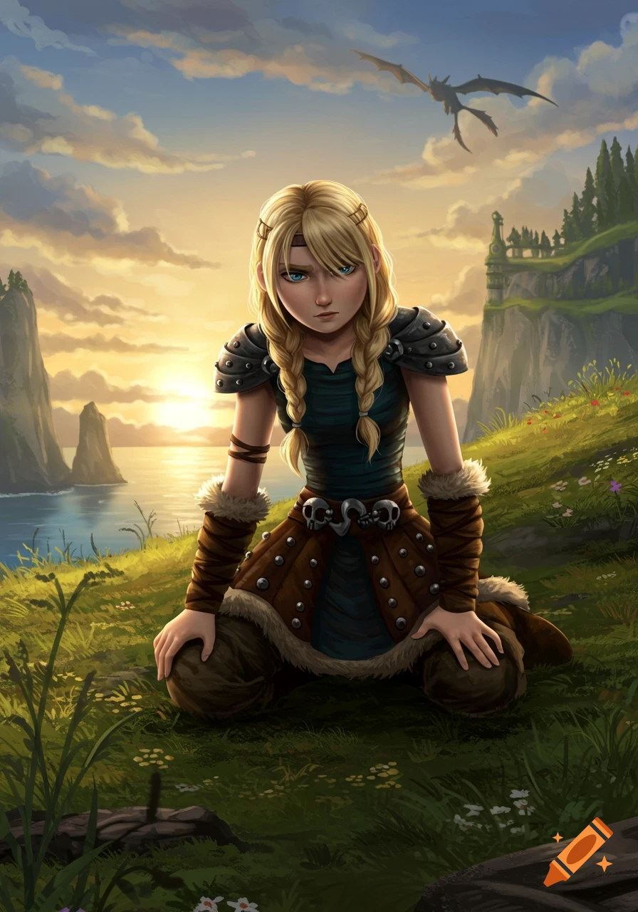 Astrid Hofferson from How to Train Your Dragon kneels on a grassy hill overlooking a bay with a dragon and castle, sunset
