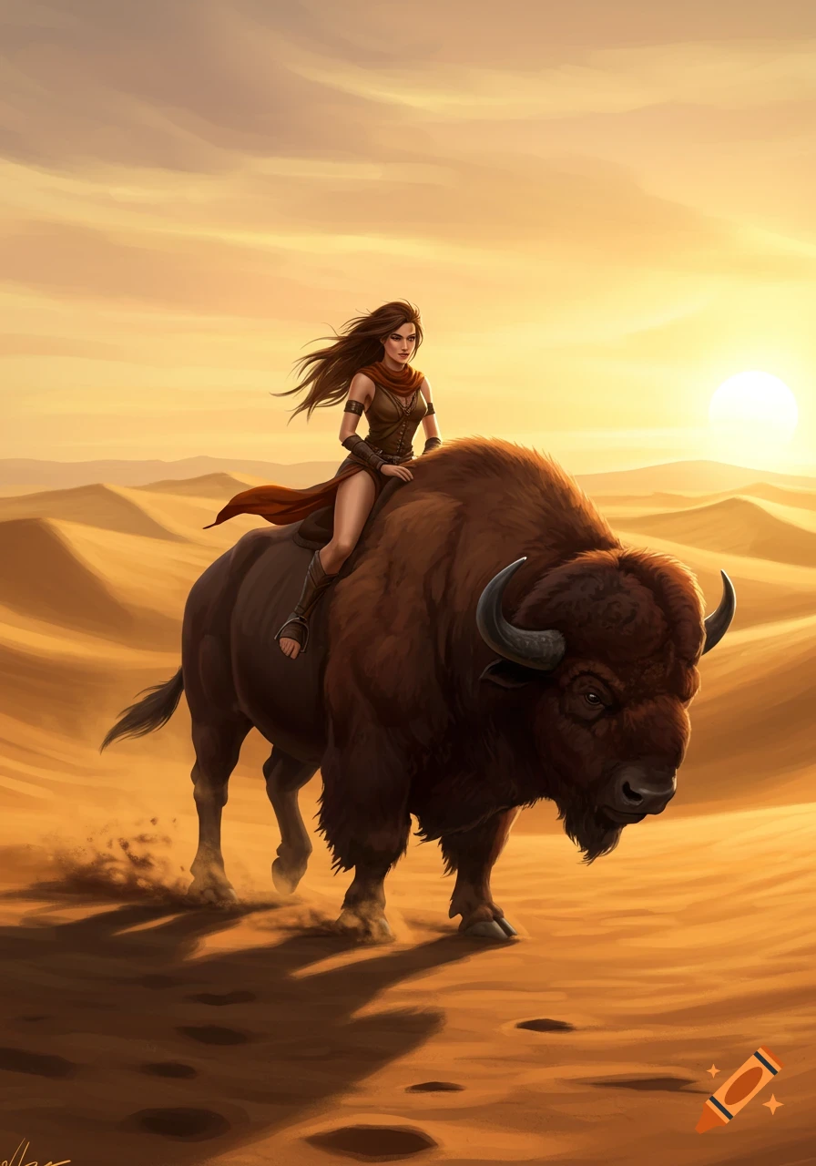 Brown-haired woman in desert attire rides a large brown buffalo through a sandy desert at sunset, digital painting.