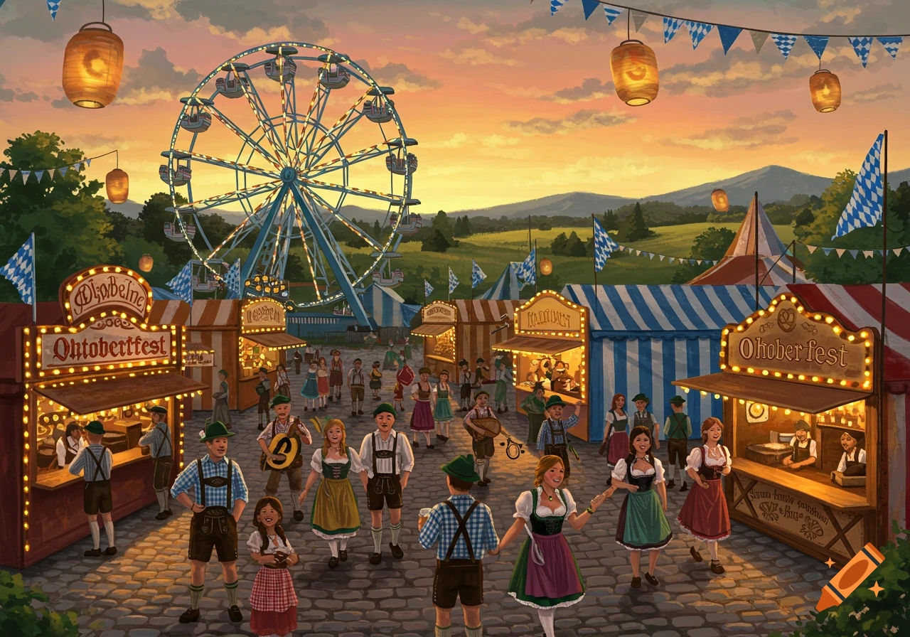 A vibrant Oktoberfest celebration at sunset with a Ferris wheel, illuminated stalls, and people in traditional German clothing.