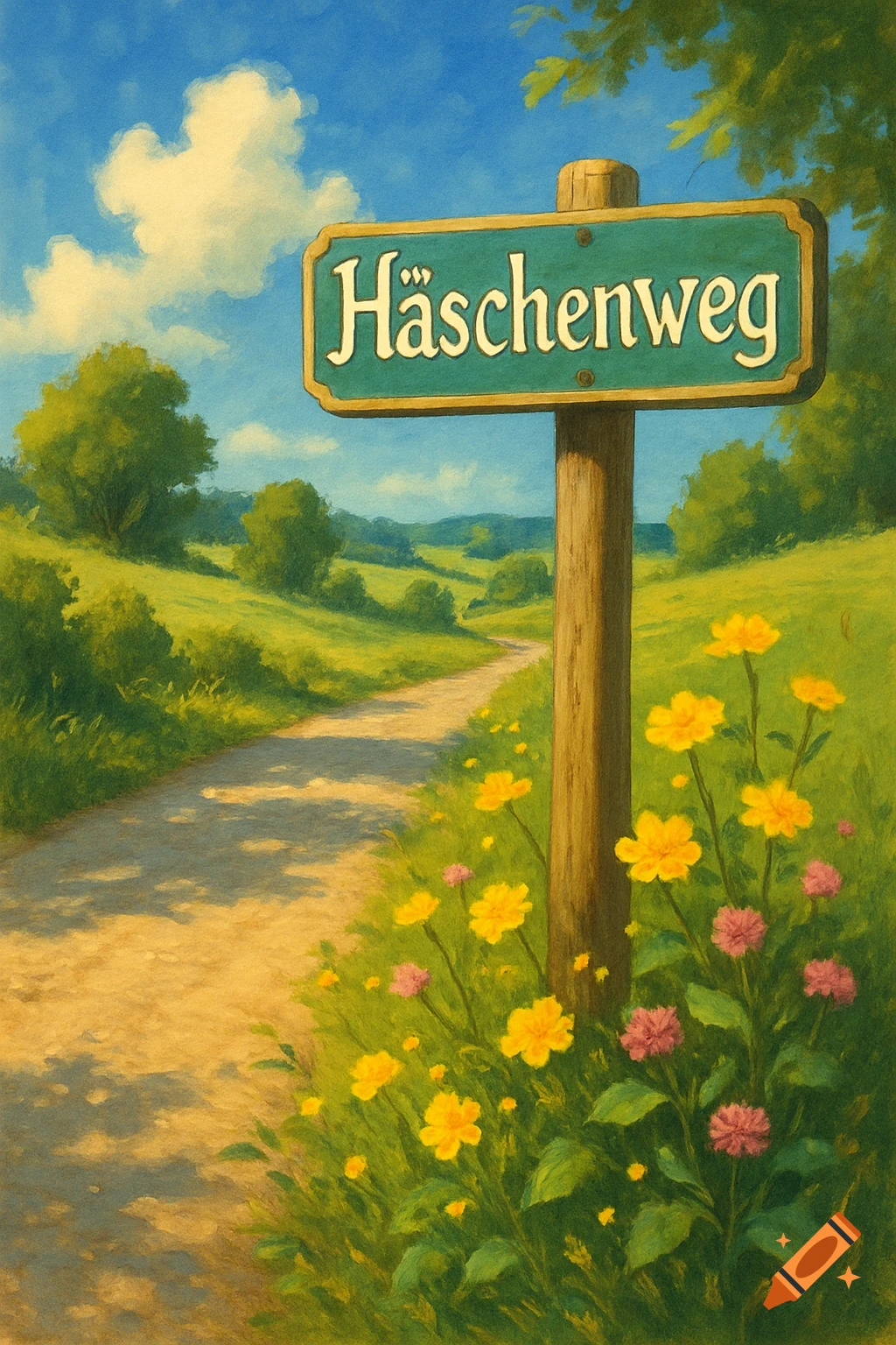 A painterly landscape of a dirt path through green fields under a blue sky, with a wooden sign reading 'Häschenweg' and wildflowers.